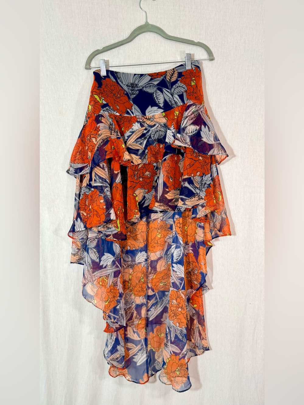 Fashion Nova M Floral Tiered Ruffle High-Low Skirt - Orange & Navy